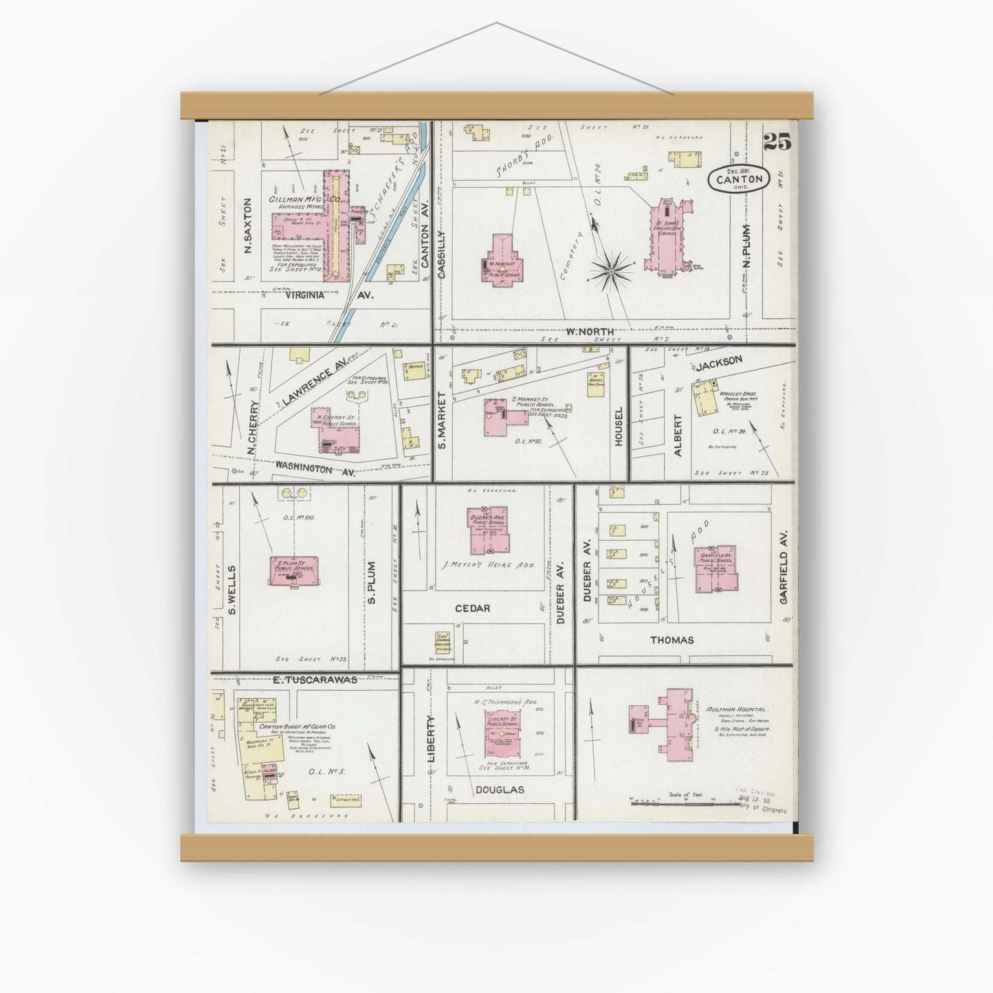 Old map wall art mockup — magnetic wood frame on white wall — Sanborn Fire Insurance Map from Canton, Stark County, Ohio (1891), Sheet #0025