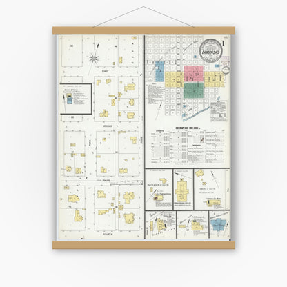 Old map wall art mockup — magnetic wood frame on white wall — Sanborn Fire Insurance Map from Lampasas, Lampasas County, Texas (1902), Sheet #0001
