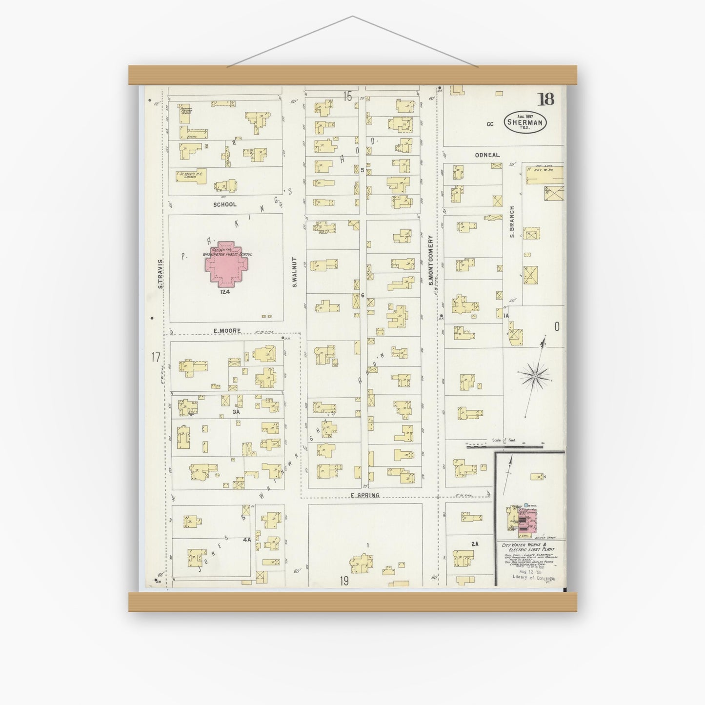 Old map wall art mockup — magnetic wood frame on white wall — Sanborn Fire Insurance Map from Sherman, Grayson County, Texas (1897), Sheet #0018