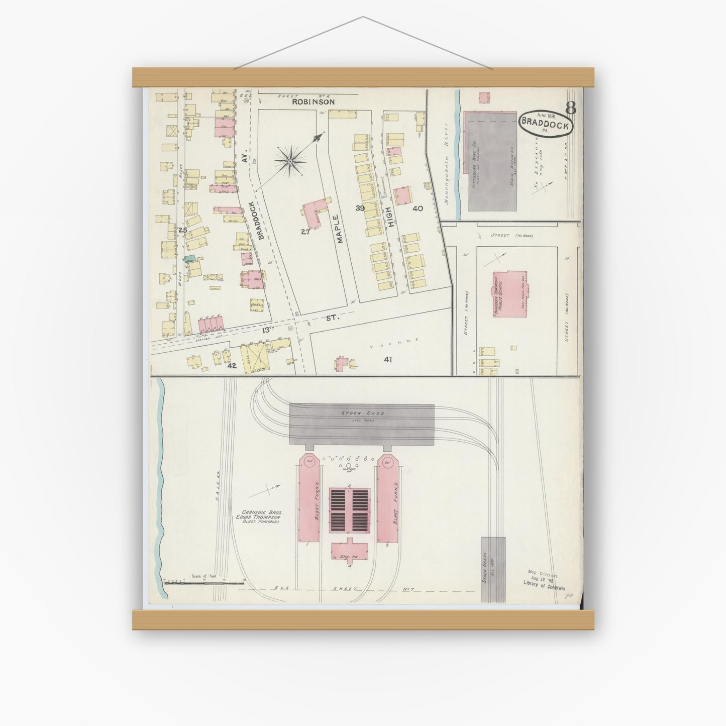 Old map wall art mockup — magnetic wood frame on white wall — Sanborn Fire Insurance Map from Braddock, Allegheny County, Pennsylvania (1891), Sheet #0008