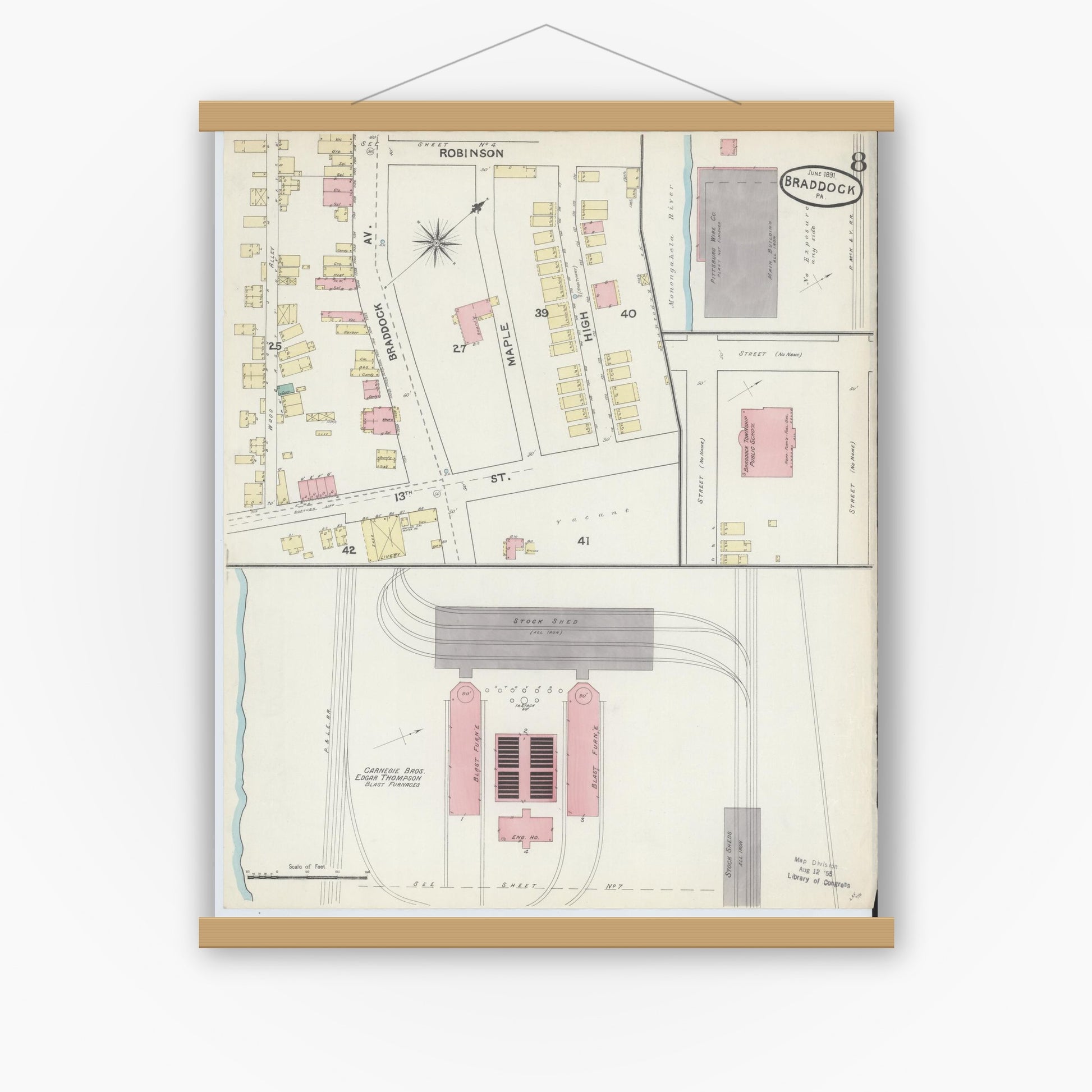 Old map wall art mockup — magnetic wood frame on white wall — Sanborn Fire Insurance Map from Braddock, Allegheny County, Pennsylvania (1891), Sheet #0008