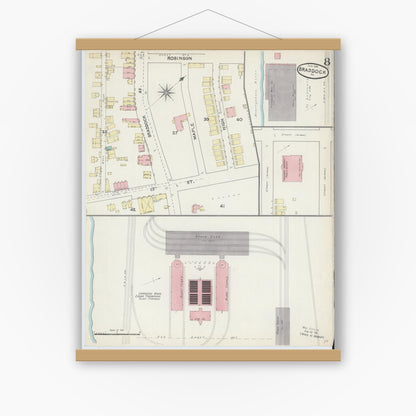 Old map wall art mockup — magnetic wood frame on white wall — Sanborn Fire Insurance Map from Braddock, Allegheny County, Pennsylvania (1891), Sheet #0008