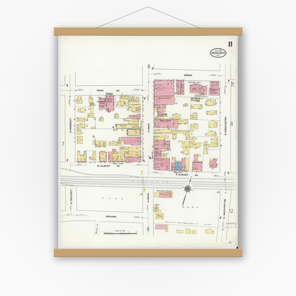 Old map wall art mockup — magnetic wood frame on white wall — Sanborn Fire Insurance Map from Herkimer, Herkimer County, New York (1911), Sheet #0008