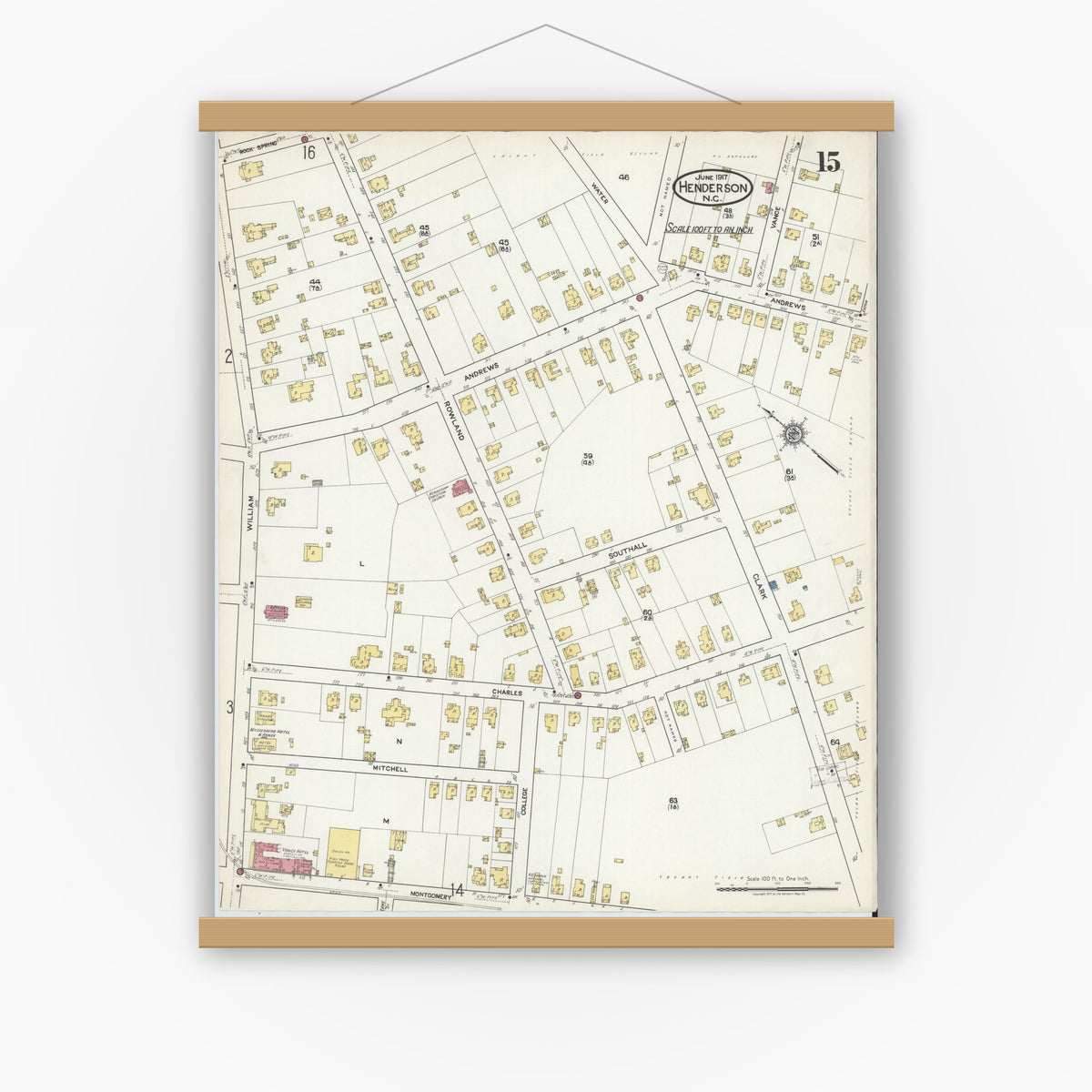 Old map wall art mockup — magnetic wood frame on white wall — Sanborn Fire Insurance Map from Henderson, Vance County, North Carolina (1917), Sheet #0015