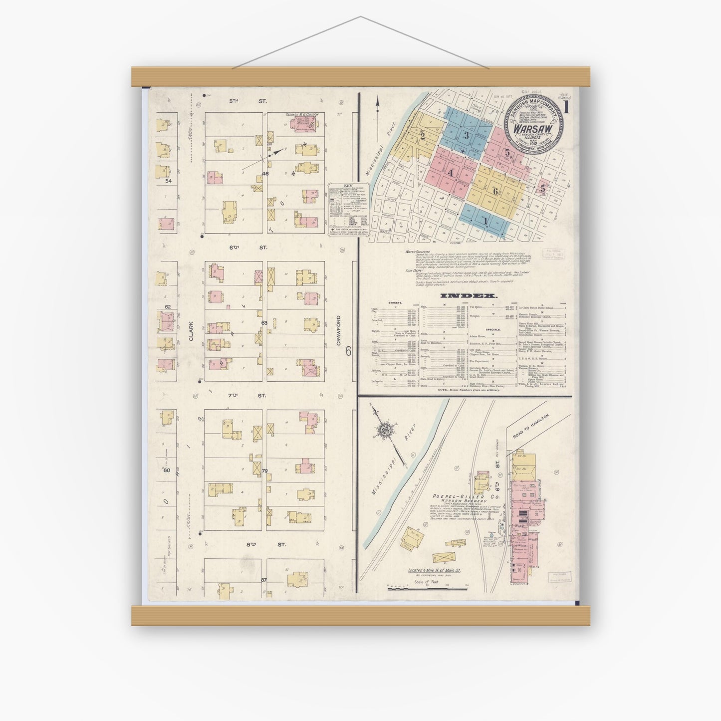 Old map wall art mockup — magnetic wood frame on white wall — Sanborn Fire Insurance Map from Warsaw, Hancock County, Illinois (1912), Sheet #0001
