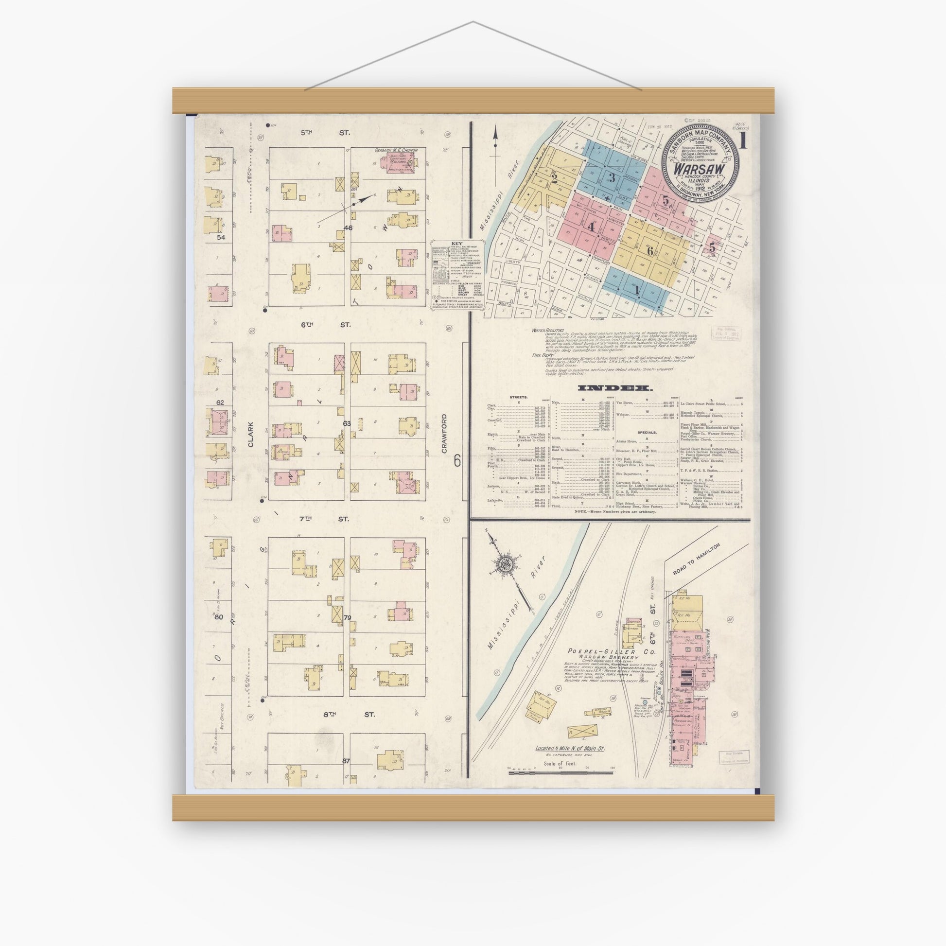 Old map wall art mockup — magnetic wood frame on white wall — Sanborn Fire Insurance Map from Warsaw, Hancock County, Illinois (1912), Sheet #0001