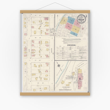 Old map wall art mockup — magnetic wood frame on white wall — Sanborn Fire Insurance Map from Warsaw, Hancock County, Illinois (1912), Sheet #0001