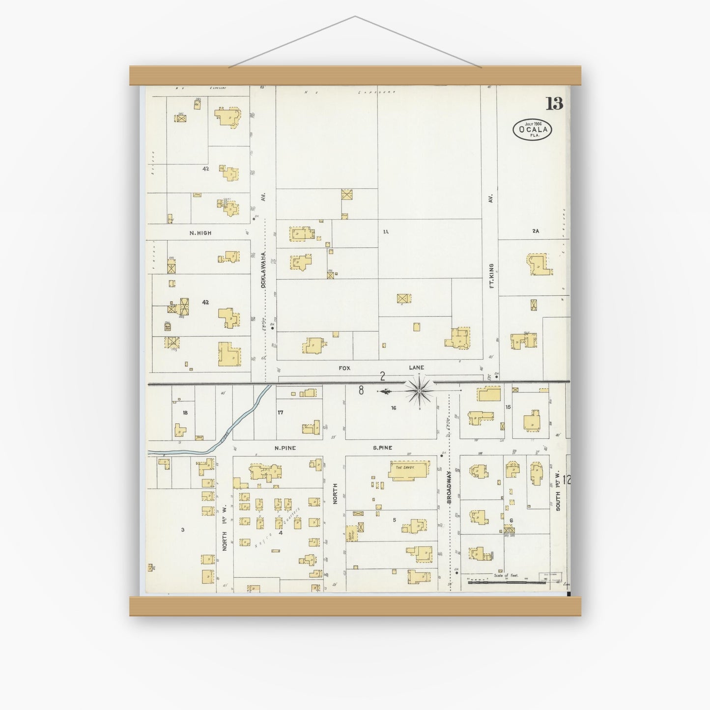 Old map wall art mockup — magnetic wood frame on white wall — Sanborn Fire Insurance Map from Ocala, Marion County, Florida (1906), Sheet #0013