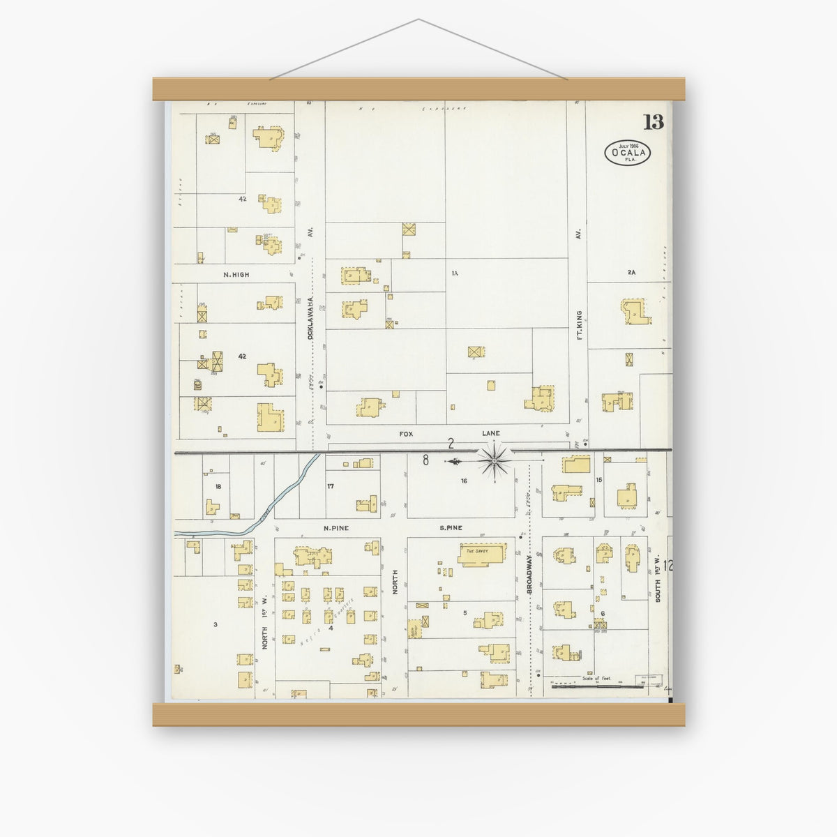 Old map wall art mockup — magnetic wood frame on white wall — Sanborn Fire Insurance Map from Ocala, Marion County, Florida (1906), Sheet #0013