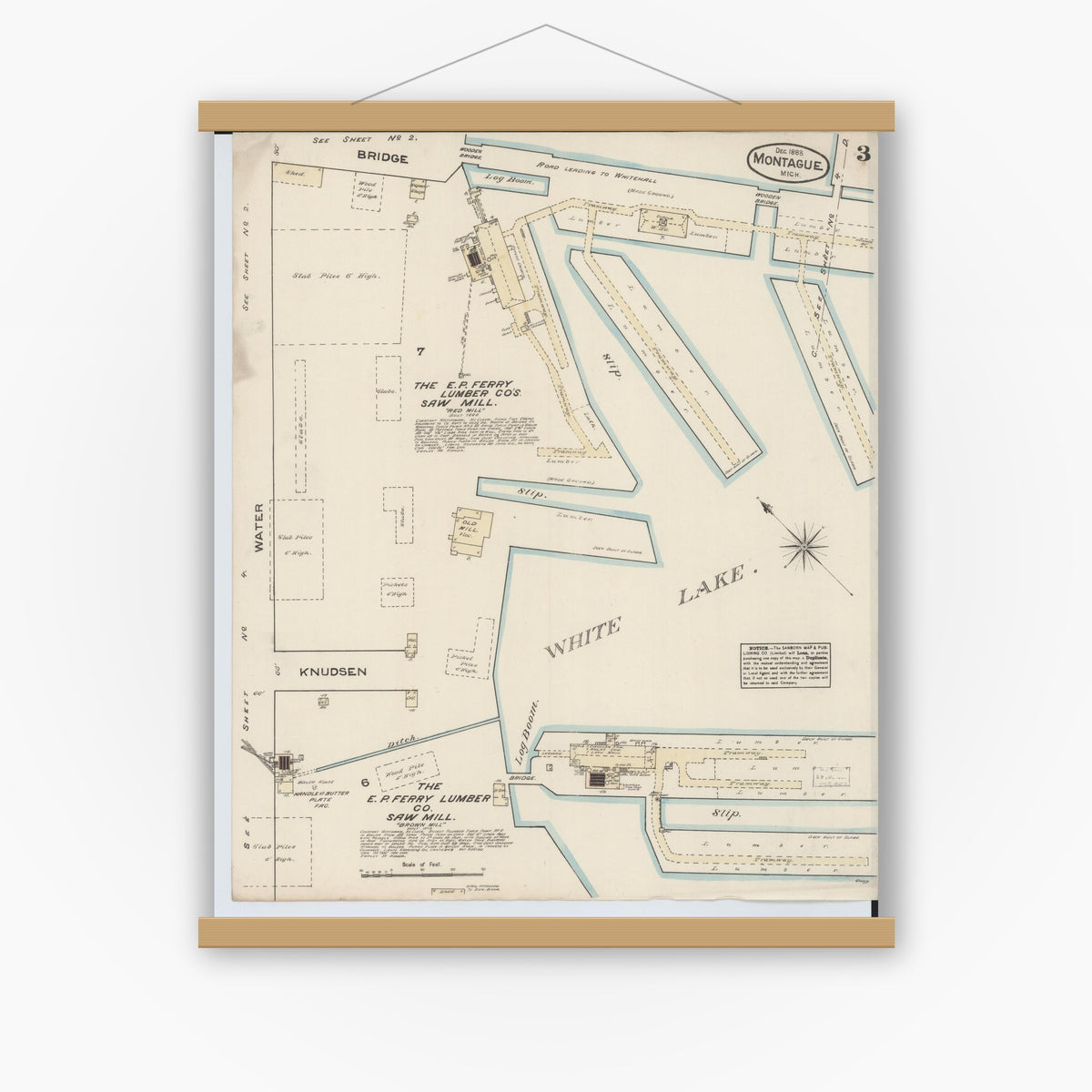 Old map wall art mockup — magnetic wood frame on white wall — Sanborn Fire Insurance Map from Montague, Muskegon County, Michigan (1883), Sheet #0003