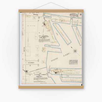 Old map wall art mockup — magnetic wood frame on white wall — Sanborn Fire Insurance Map from Montague, Muskegon County, Michigan (1883), Sheet #0003