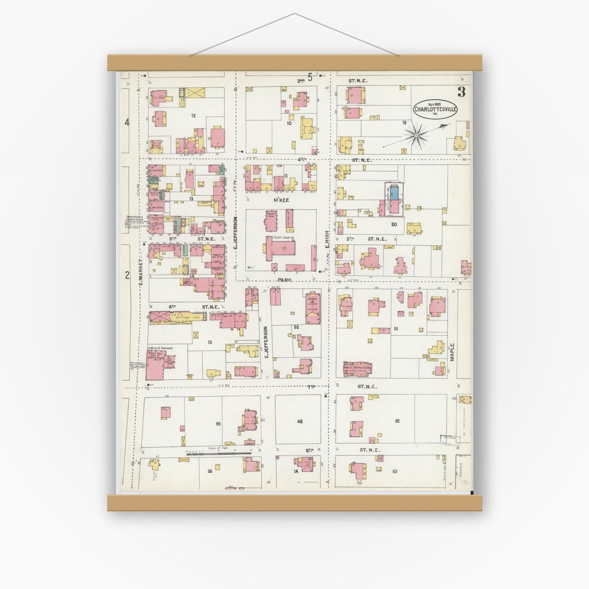 Old map wall art mockup — magnetic wood frame on white wall — Sanborn Fire Insurance Map from Charlottesville, Independent Cities, Virginia (1902), Sheet #0003