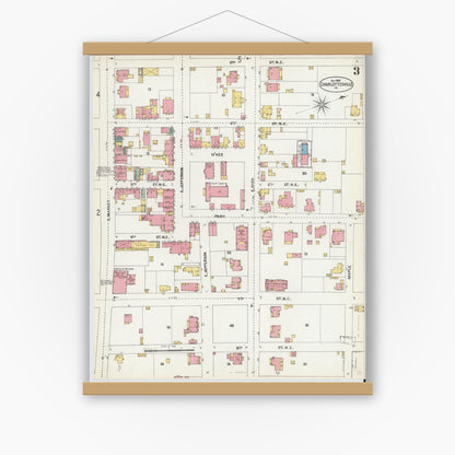 Old map wall art mockup — magnetic wood frame on white wall — Sanborn Fire Insurance Map from Charlottesville, Independent Cities, Virginia (1902), Sheet #0003