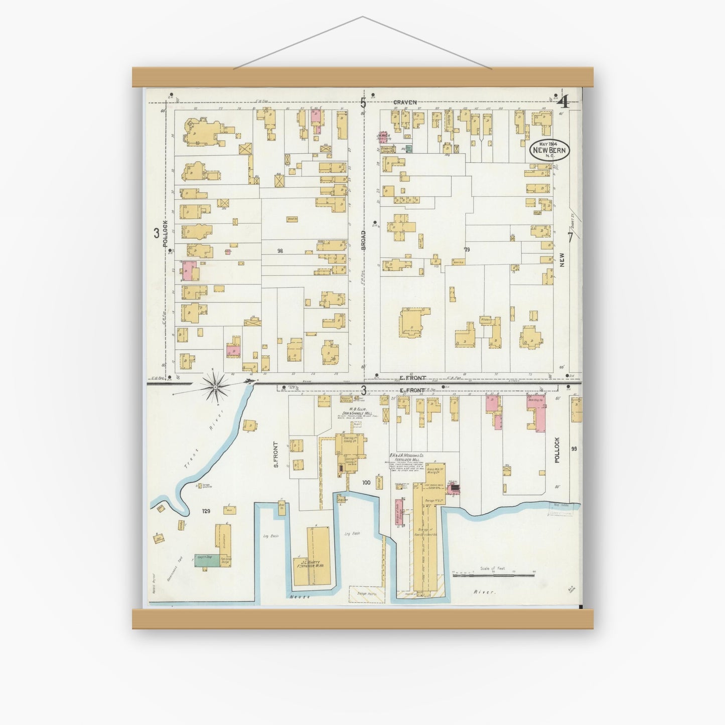 Old map wall art mockup — magnetic wood frame on white wall — Sanborn Fire Insurance Map from New Bern, Craven County, North Carolina (1904), Sheet #0004