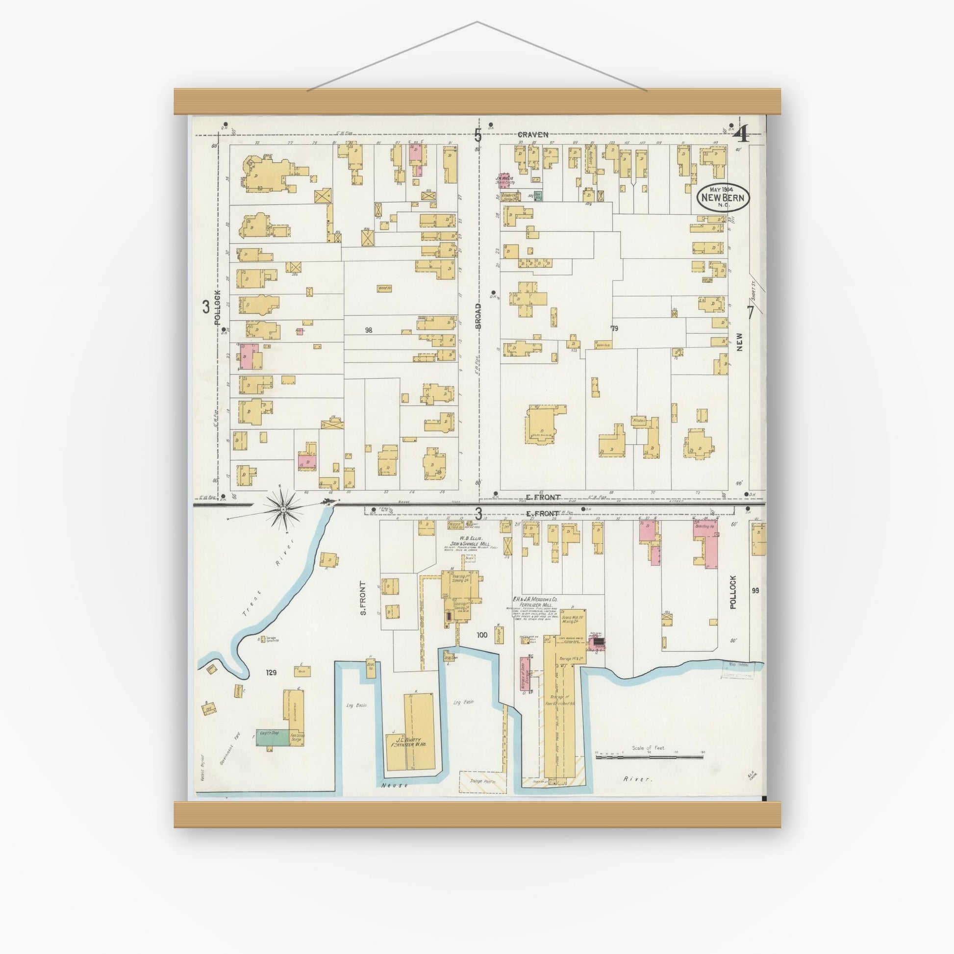 Old map wall art mockup — magnetic wood frame on white wall — Sanborn Fire Insurance Map from New Bern, Craven County, North Carolina (1904), Sheet #0004