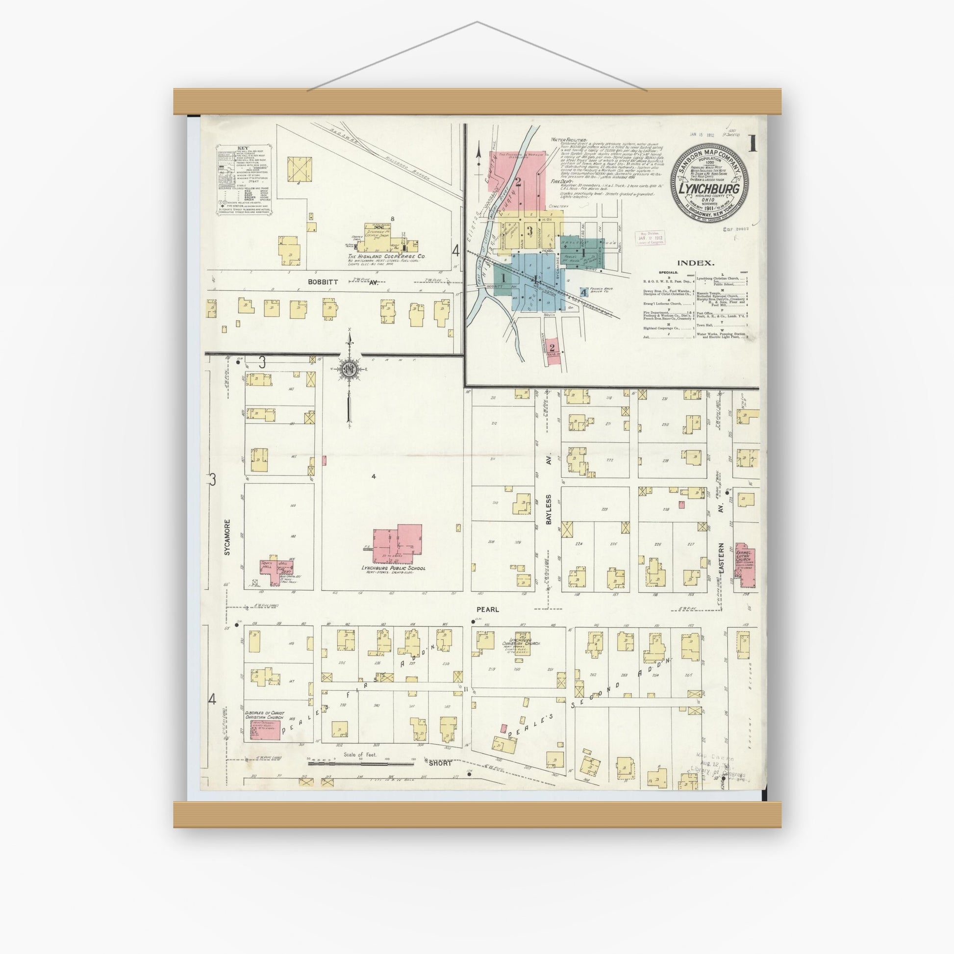Old map wall art mockup — magnetic wood frame on white wall — Sanborn Fire Insurance Map from Lynchburg, Highland County, Ohio (1911), Sheet #0001