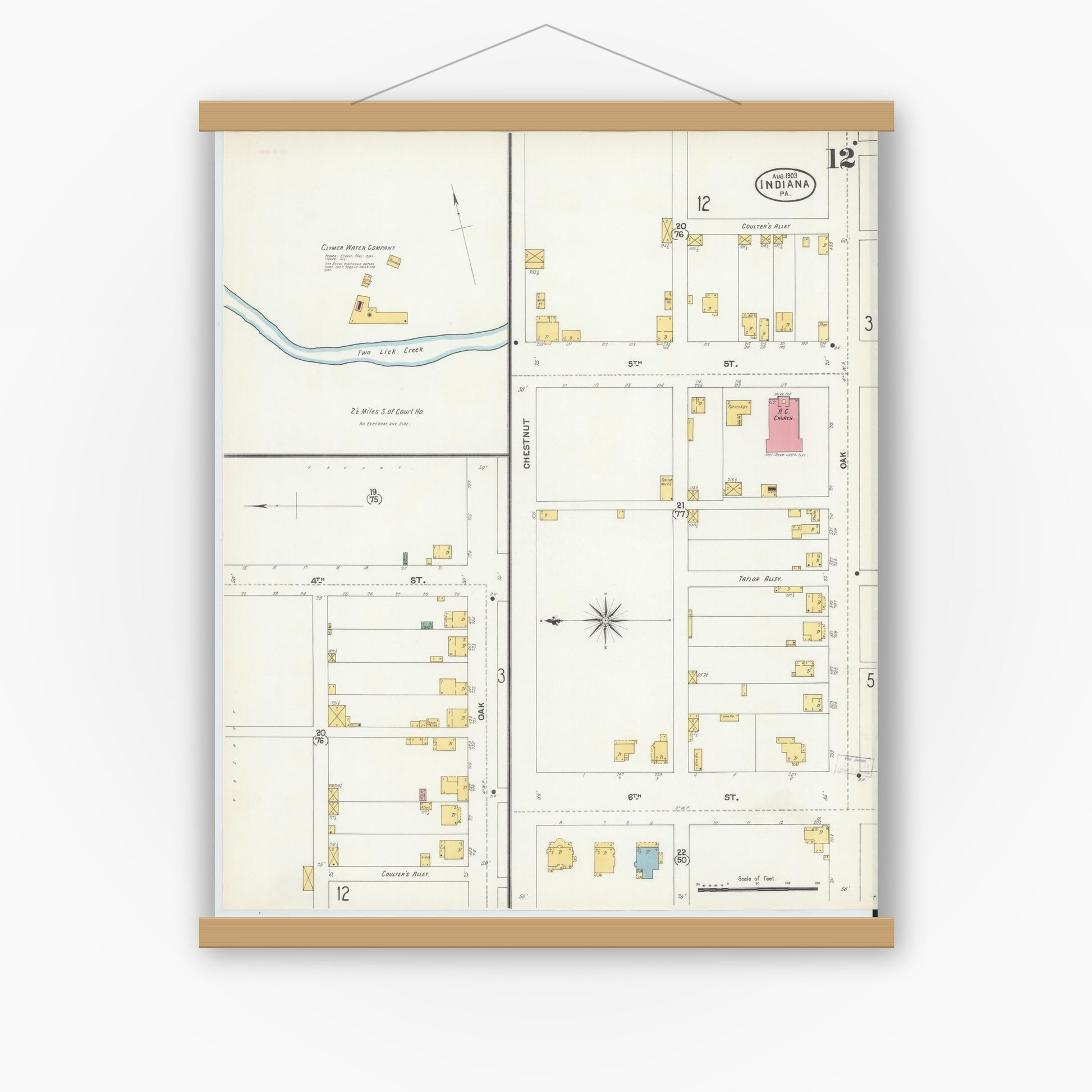 Old map wall art mockup — magnetic wood frame on white wall — Sanborn Fire Insurance Map from Indiana, Indiana County, Pennsylvania (1903), Sheet #0012
