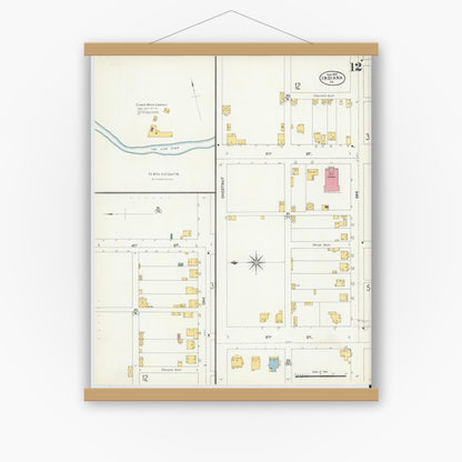 Old map wall art mockup — magnetic wood frame on white wall — Sanborn Fire Insurance Map from Indiana, Indiana County, Pennsylvania (1903), Sheet #0012