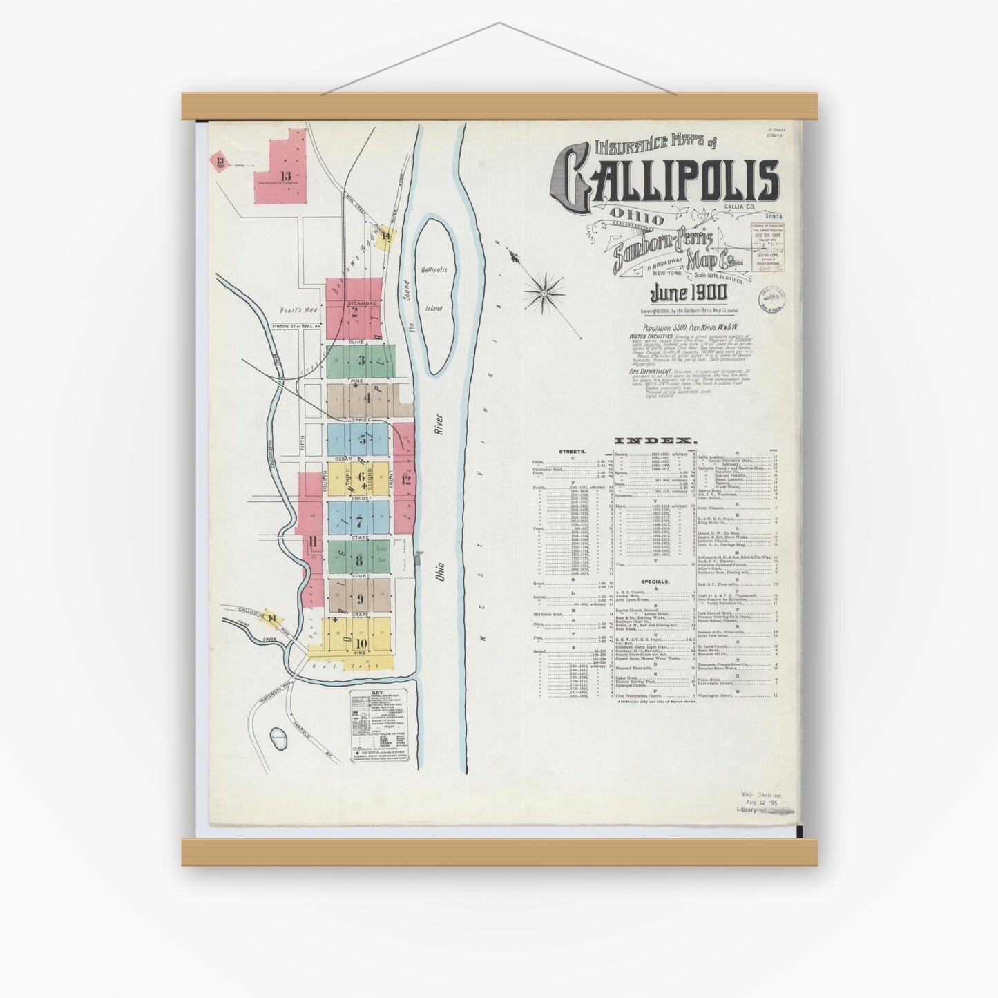 Old map wall art mockup — magnetic wood frame on white wall — Sanborn Fire Insurance Map from Gallipolis, Gallia County, Ohio (1900), Sheet #0001