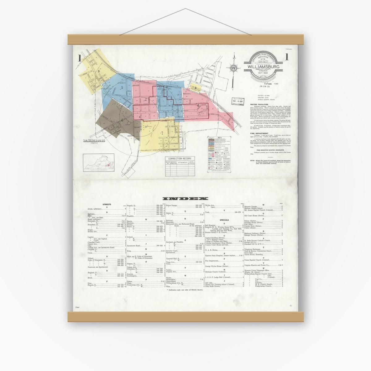 Old map wall art mockup — magnetic wood frame on white wall — Sanborn Fire Insurance Map from Williamsburg, Independent Cities, Virginia (1933) - Complete Map Set