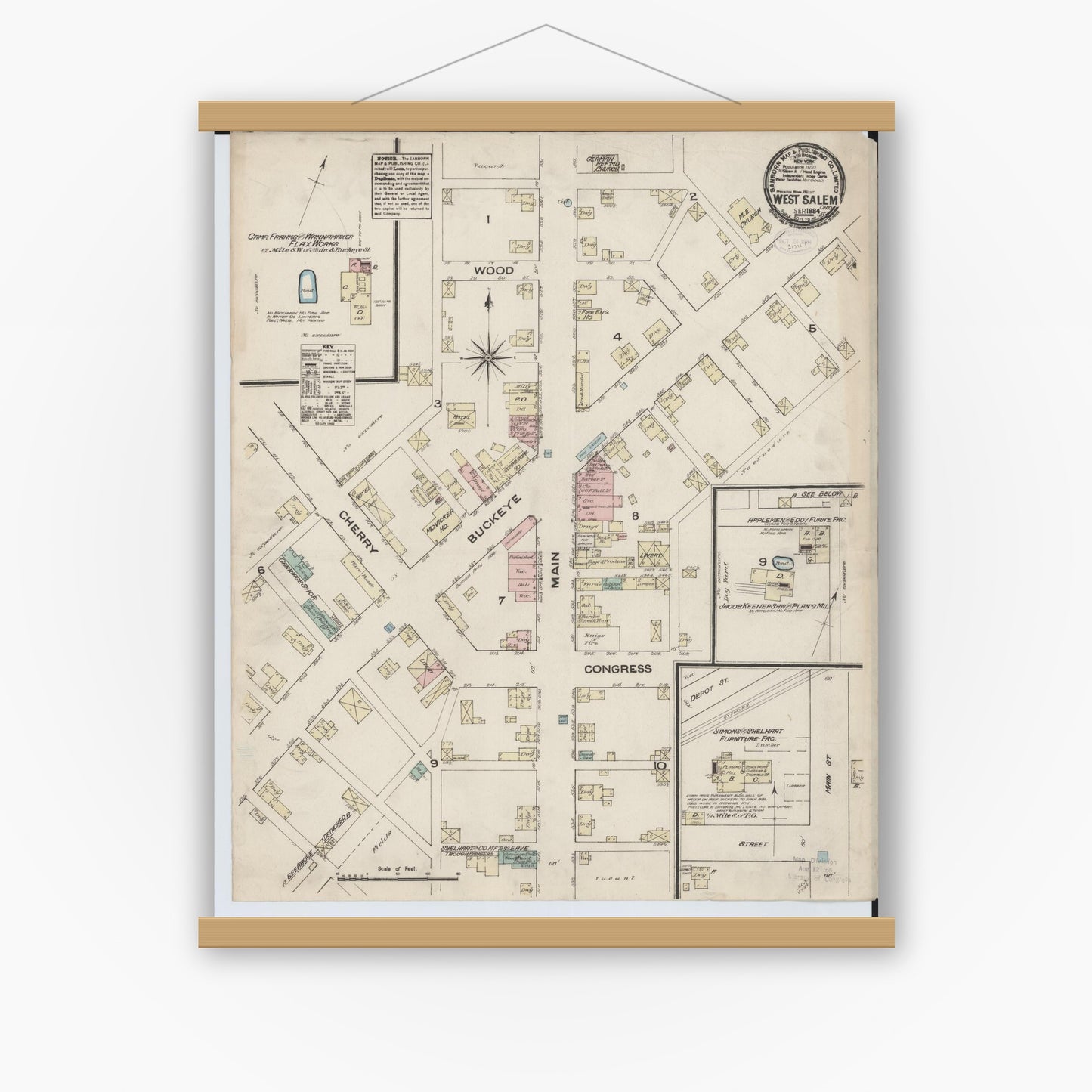 Old map wall art mockup — magnetic wood frame on white wall — Sanborn Fire Insurance Map from West Salem, Wayne County, Ohio (1884), Sheet #0001