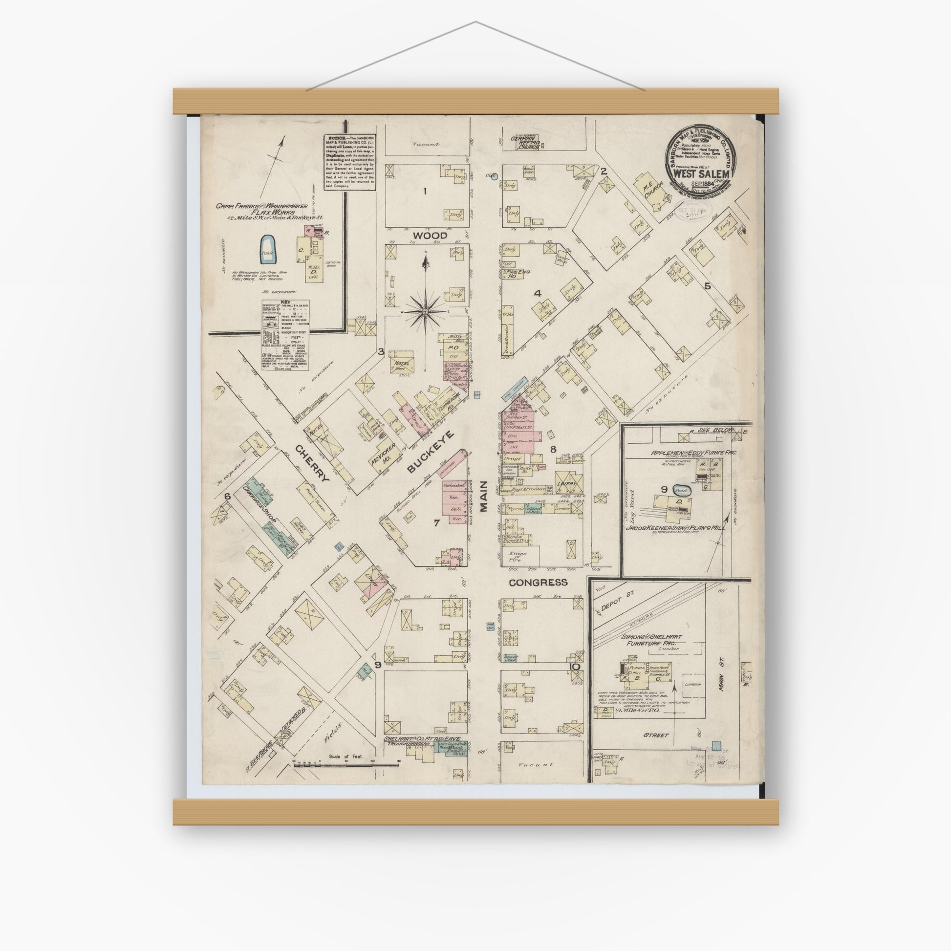 Old map wall art mockup — magnetic wood frame on white wall — Sanborn Fire Insurance Map from West Salem, Wayne County, Ohio (1884), Sheet #0001