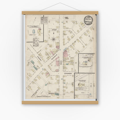 Old map wall art mockup — magnetic wood frame on white wall — Sanborn Fire Insurance Map from West Salem, Wayne County, Ohio (1884), Sheet #0001