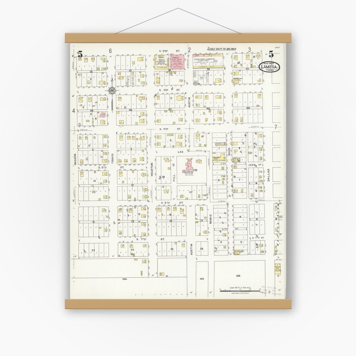Old map wall art mockup — magnetic wood frame on white wall — Sanborn Fire Insurance Map from Lamesa, Dawson County, Texas (1925), Sheet #0005