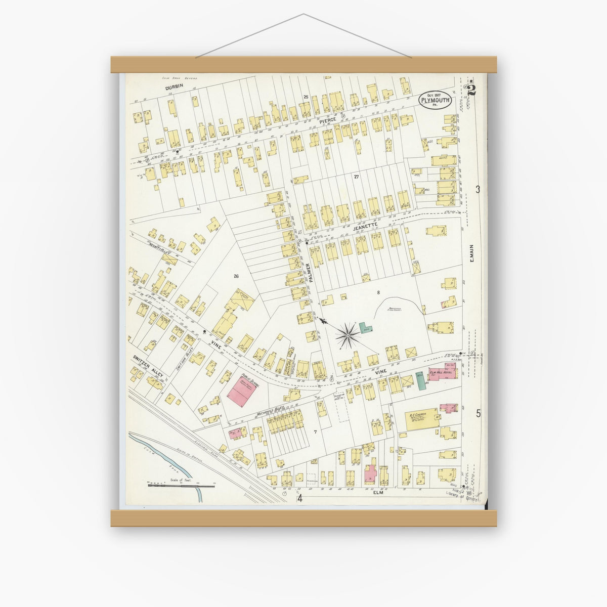 Old map wall art mockup — magnetic wood frame on white wall — Sanborn Fire Insurance Map from Plymouth, Luzerne County, Pennsylvania (1907), Sheet #0002