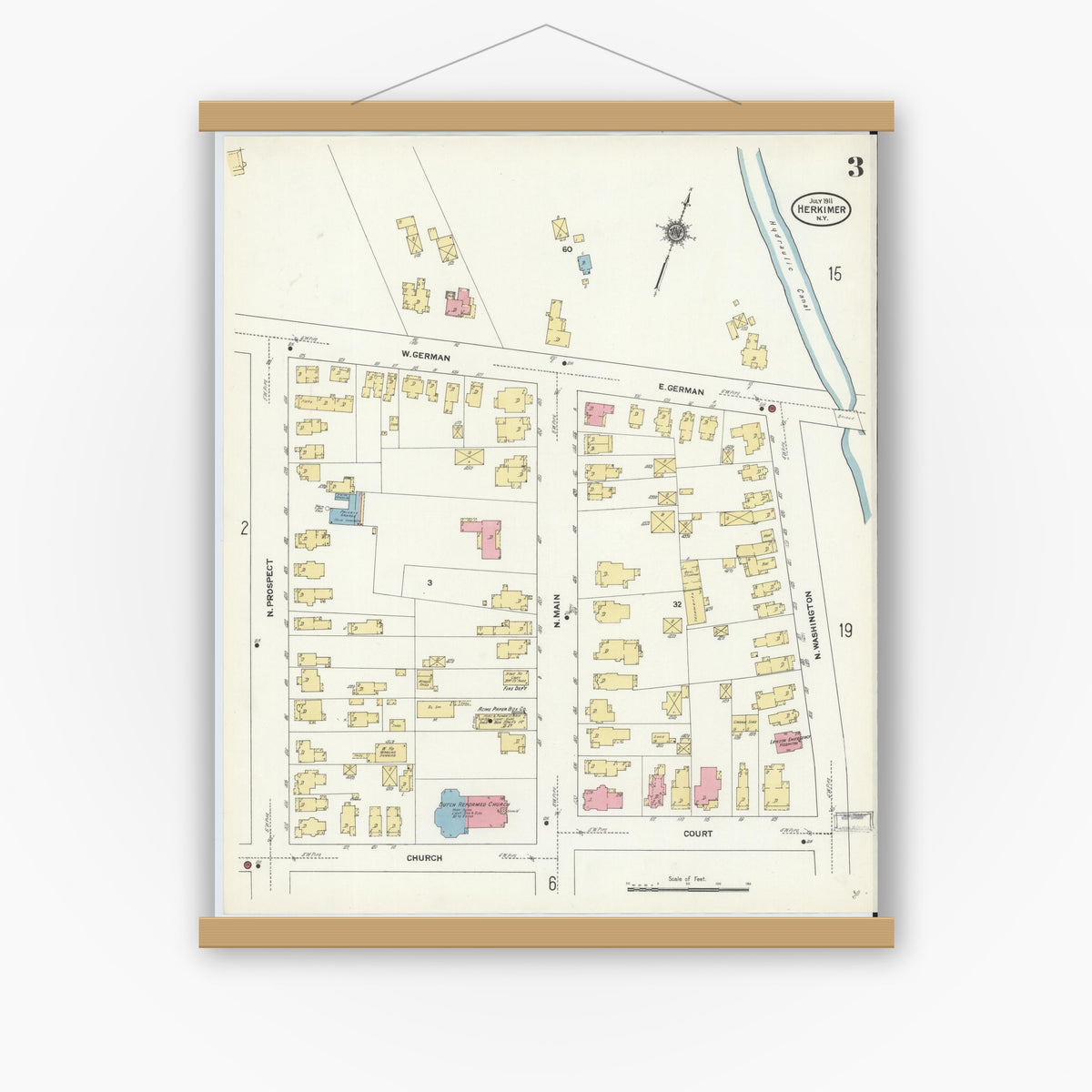 Old map wall art mockup — magnetic wood frame on white wall — Sanborn Fire Insurance Map from Herkimer, Herkimer County, New York (1911), Sheet #0003