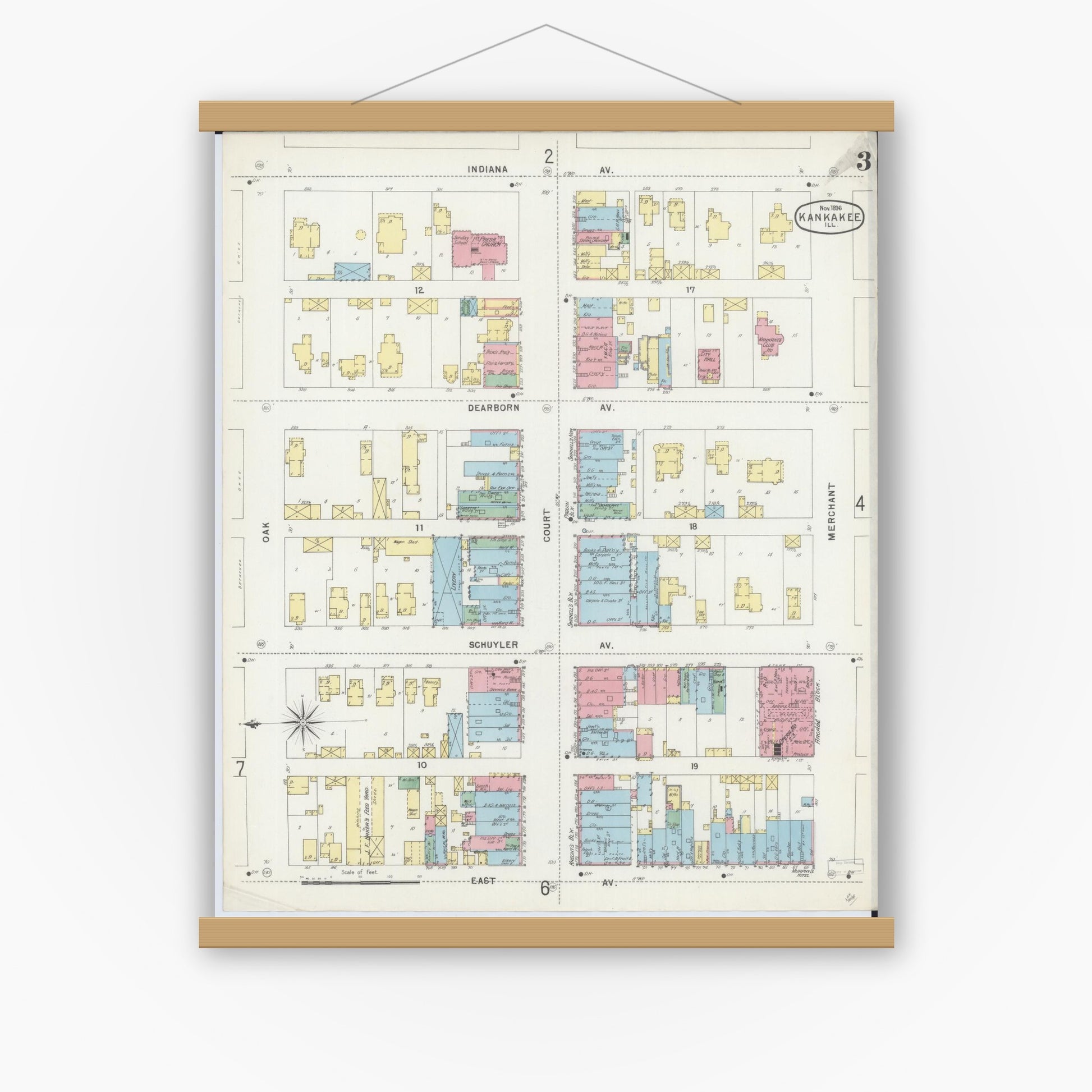 Old map wall art mockup — magnetic wood frame on white wall — Sanborn Fire Insurance Map from Kankakee, Kankakee County, Illinois (1896), Sheet #0003