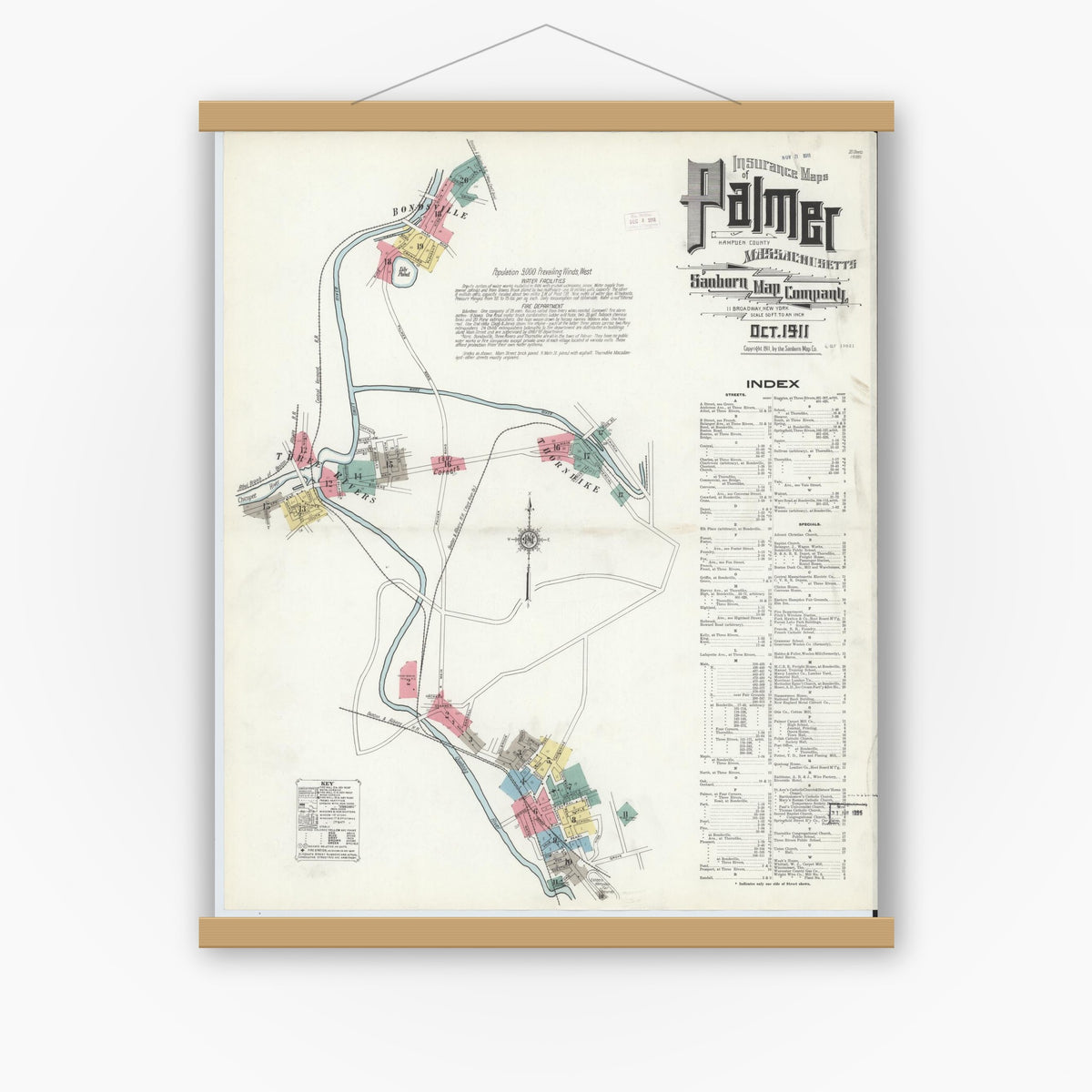 Old map wall art mockup — magnetic wood frame on white wall — Sanborn Fire Insurance Map from Palmer, Hampden County, Massachusetts (1911) - Complete Map Set