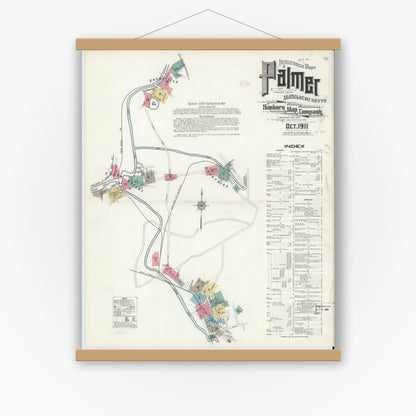 Old map wall art mockup — magnetic wood frame on white wall — Sanborn Fire Insurance Map from Palmer, Hampden County, Massachusetts (1911) - Complete Map Set