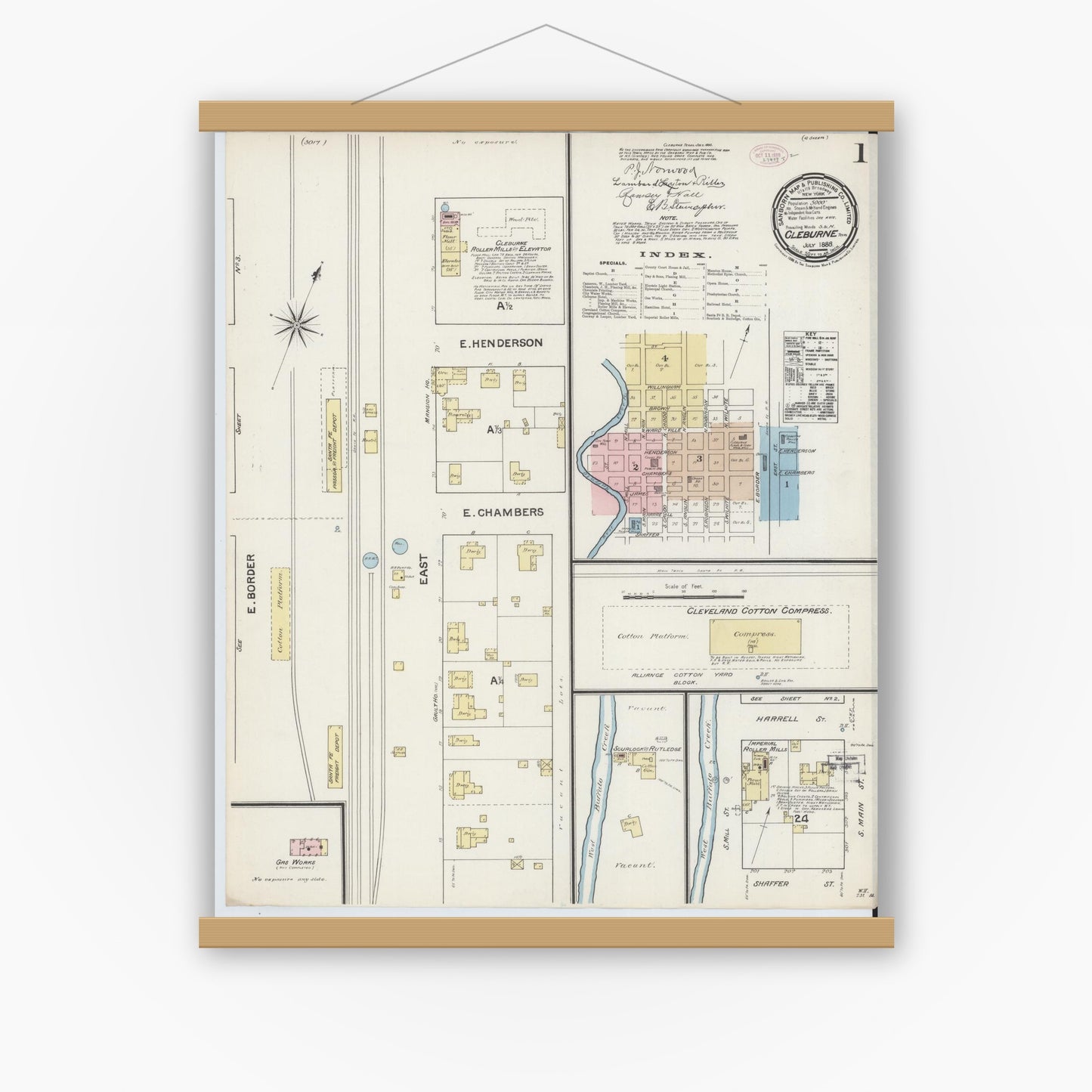 Old map wall art mockup — magnetic wood frame on white wall — Sanborn Fire Insurance Map from Cleburne, Johnson County, Texas (1888), Sheet #0001