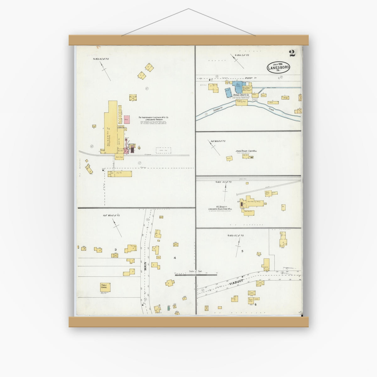 Old map wall art mockup — magnetic wood frame on white wall — Sanborn Fire Insurance Map from Lanesboro, Susquehanna County, Pennsylvania (1904), Sheet #0002