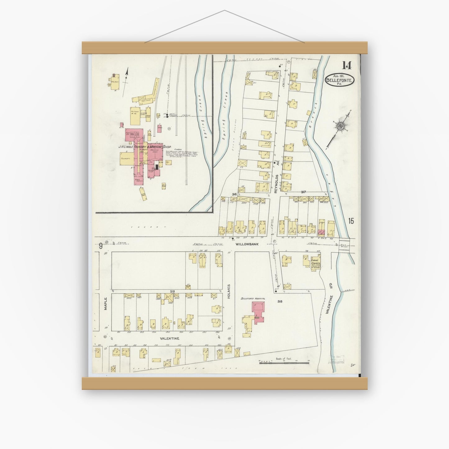 Old map wall art mockup — magnetic wood frame on white wall — Sanborn Fire Insurance Map from Bellefonte, Centre County, Pennsylvania (1911), Sheet #0014