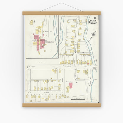 Old map wall art mockup — magnetic wood frame on white wall — Sanborn Fire Insurance Map from Bellefonte, Centre County, Pennsylvania (1911), Sheet #0014