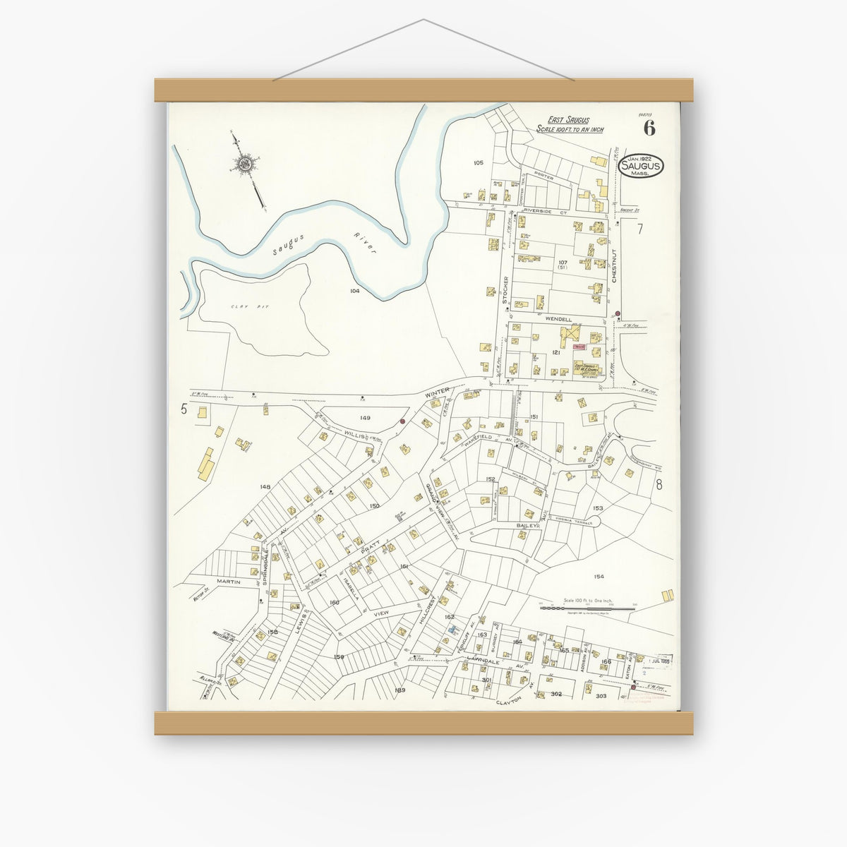 Old map wall art mockup — magnetic wood frame on white wall — Sanborn Fire Insurance Map from Saugus, Essex County, Massachusetts (1922), Sheet #0006