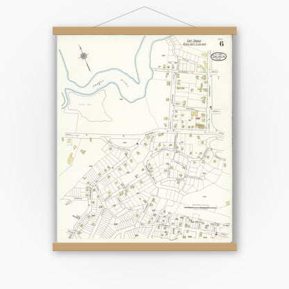 Old map wall art mockup — magnetic wood frame on white wall — Sanborn Fire Insurance Map from Saugus, Essex County, Massachusetts (1922), Sheet #0006