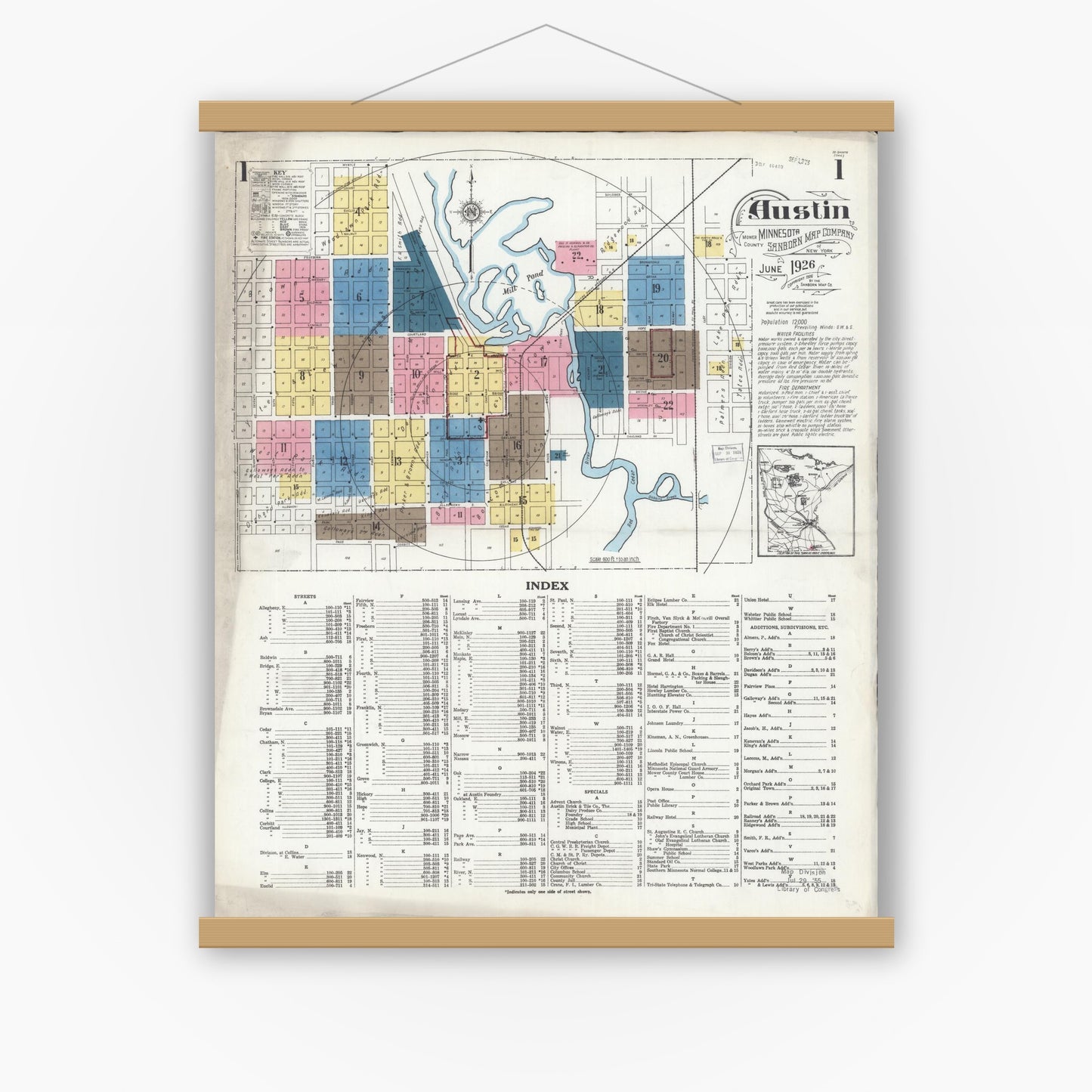 Old map wall art mockup — magnetic wood frame on white wall — Sanborn Fire Insurance Map from Austin, Mower County, Minnesota (1926) - Complete Map Set