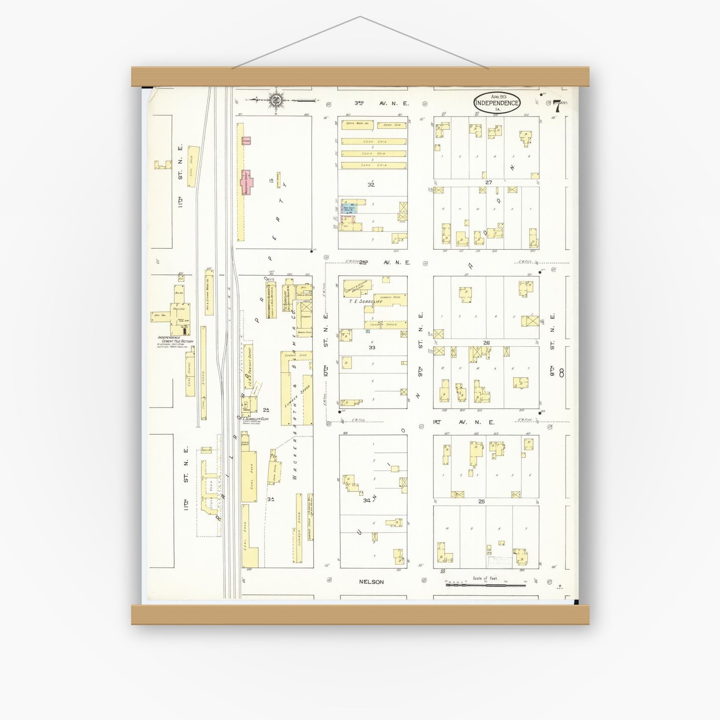 Old map wall art mockup — magnetic wood frame on white wall — Sanborn Fire Insurance Map from Independence, Buchanan County, Iowa (1913), Sheet #0007