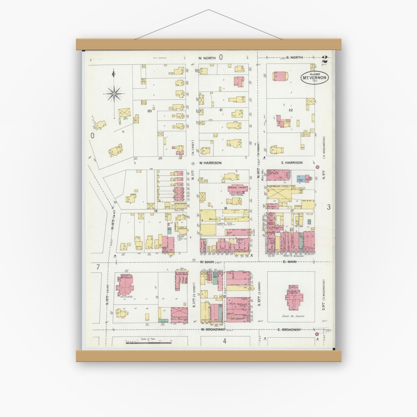 Old map wall art mockup — magnetic wood frame on white wall — Sanborn Fire Insurance Map from Mount Vernon, Jefferson County, Illinois (1902), Sheet #0002