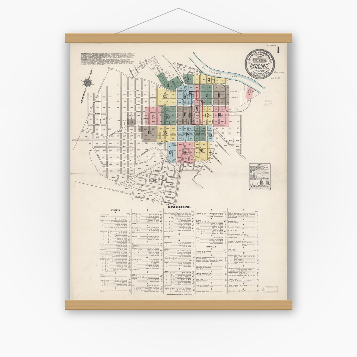 Old map wall art mockup — magnetic wood frame on white wall — Sanborn Fire Insurance Map from Redding, Shasta County, California (1912) - Complete Map Set