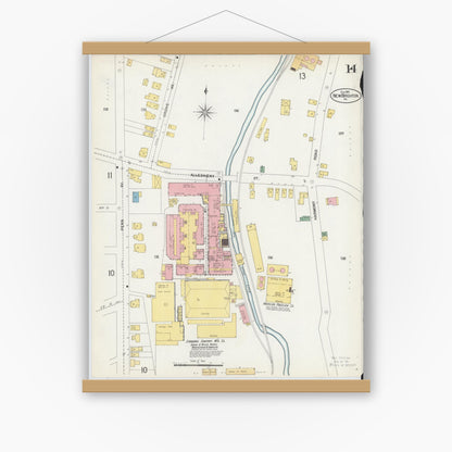 Old map wall art mockup — magnetic wood frame on white wall — Sanborn Fire Insurance Map from New Brighton, Beaver County, Pennsylvania (1901), Sheet #0014