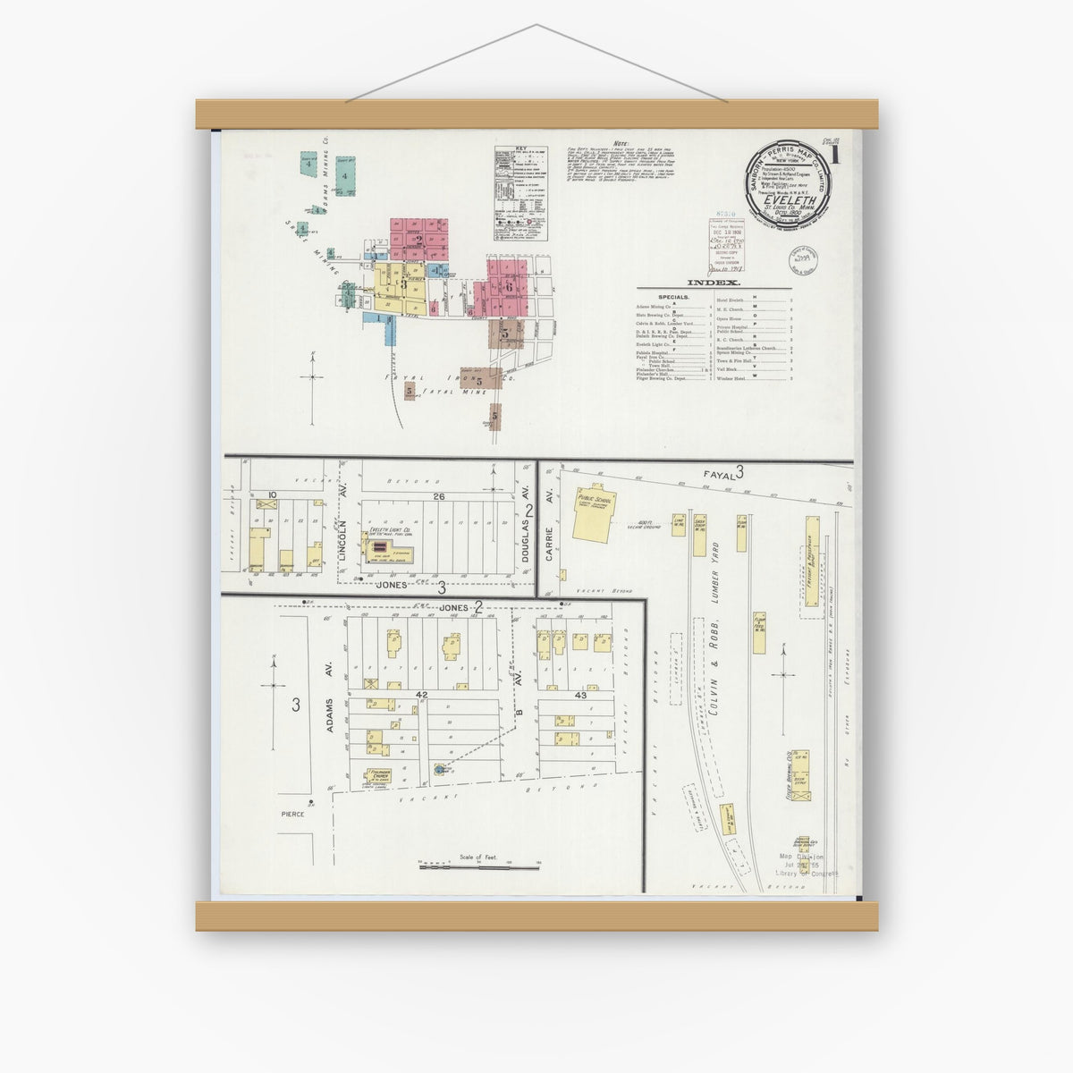 Old map wall art mockup — magnetic wood frame on white wall — Sanborn Fire Insurance Map from Eveleth, Saint Louis County, Minnesota (1900), Sheet #0001