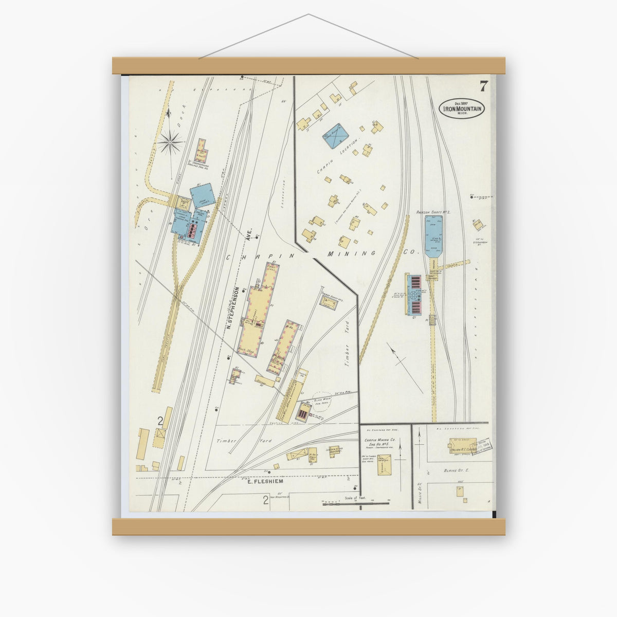 Old map wall art mockup — magnetic wood frame on white wall — Sanborn Fire Insurance Map from Iron Mountain, Dickinson County, Michigan (1897), Sheet #0007