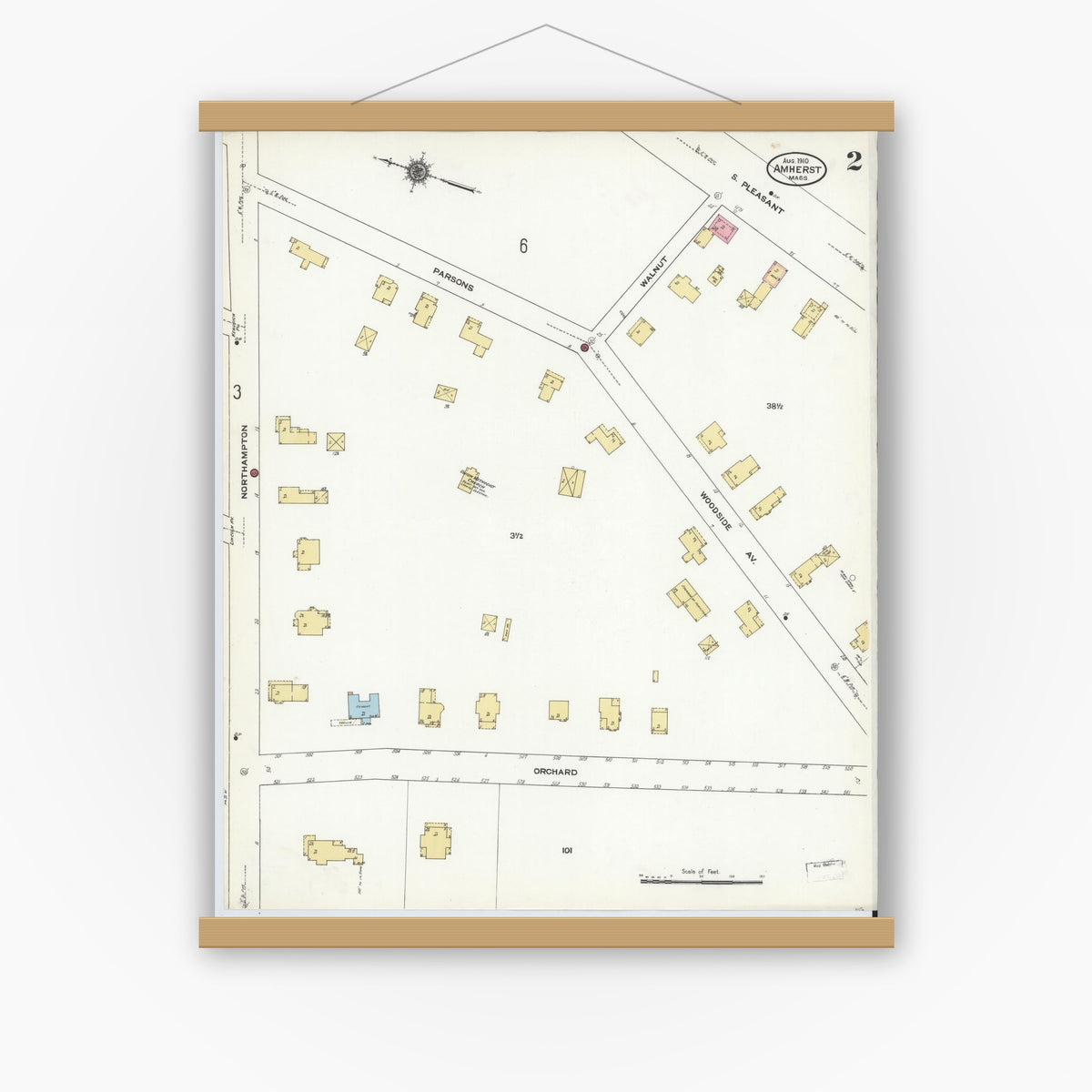 Old map wall art mockup — magnetic wood frame on white wall — Sanborn Fire Insurance Map from Amherst, Hampshire County, Massachusetts (1910), Sheet #0002