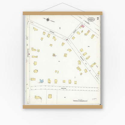 Old map wall art mockup — magnetic wood frame on white wall — Sanborn Fire Insurance Map from Amherst, Hampshire County, Massachusetts (1910), Sheet #0002
