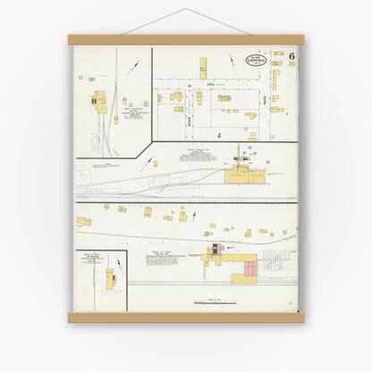 Old map wall art mockup — magnetic wood frame on white wall — Sanborn Fire Insurance Map from Emporia, Independent Cities, Virginia (1904), Sheet #0006