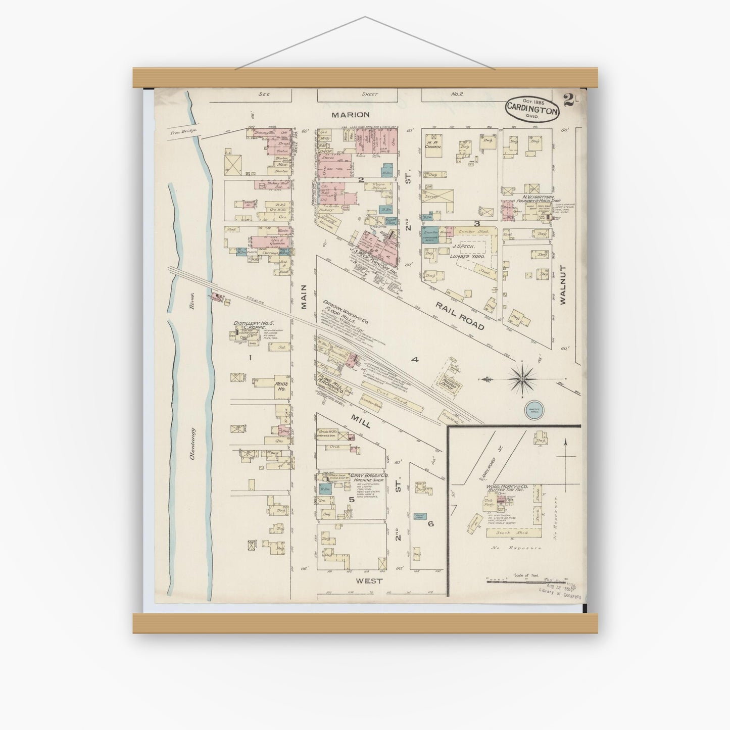 Old map wall art mockup — magnetic wood frame on white wall — Sanborn Fire Insurance Map from Cardington, Morrow County, Ohio (1885), Sheet #0002